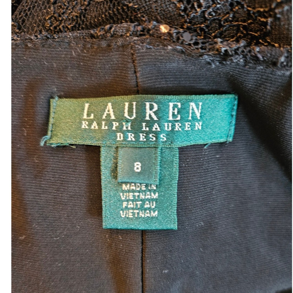 Lauren Ralph Lauren Lace Sequin Sheath Dress Womens 8 Black Ruched Wedding LBD - Picture 6 of 8